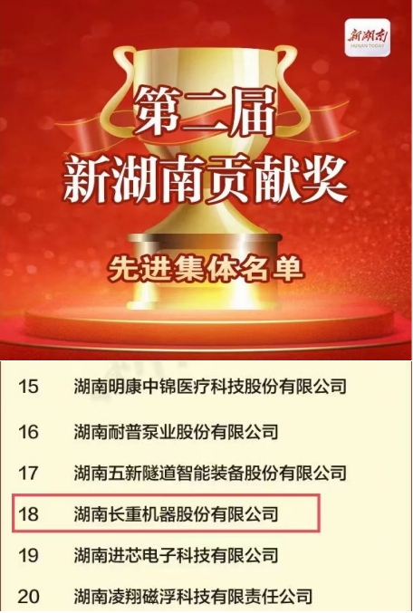 喜訊！長(zhǎng)重機(jī)器榮獲“新湖南貢獻(xiàn)獎(jiǎng)先進(jìn)集體”稱號(hào)